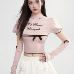 Sweet Pullovers Women Clothing Half High Collar Puff Sleeve Bow Jumper Pull Femme Fashion Knit Letter Cropped Sweater Y2k Tops