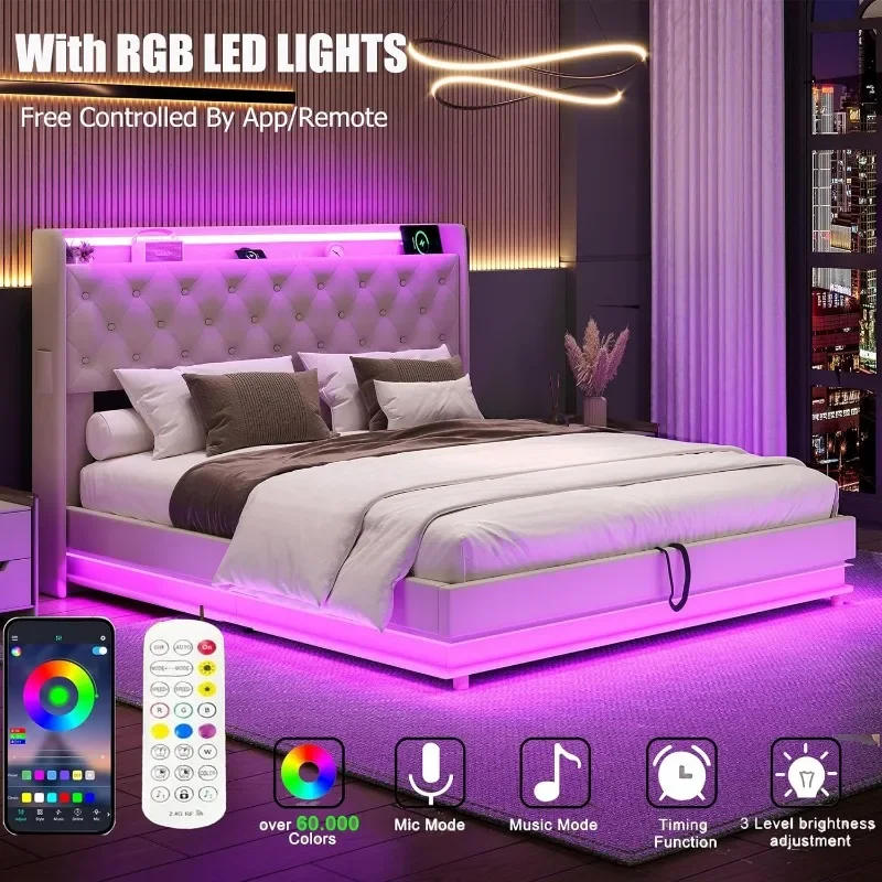 Description Picture 6 of itemZHENXIANG Full Size Lift Up Storage Bed Frame,Charging Station & Led Lights,Upholstered Platform Bed ,Wingback Storage Headboard