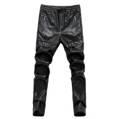 Hot 2023 New Men's Pu Leather Straight Pants Motorcycle Casual Skinny Trousers Black Size 28-36 A106