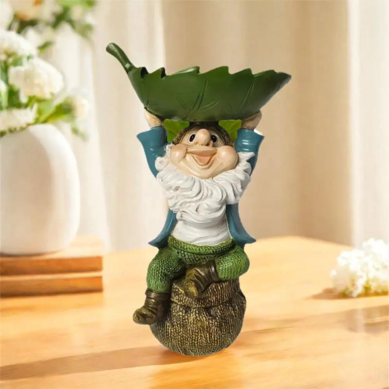 Description Picture 4 of itemUnique Cartoon Dwarf Sculpture Resin Holding Leaves Garden Gnome Statue Fun Bird Bath Lawn