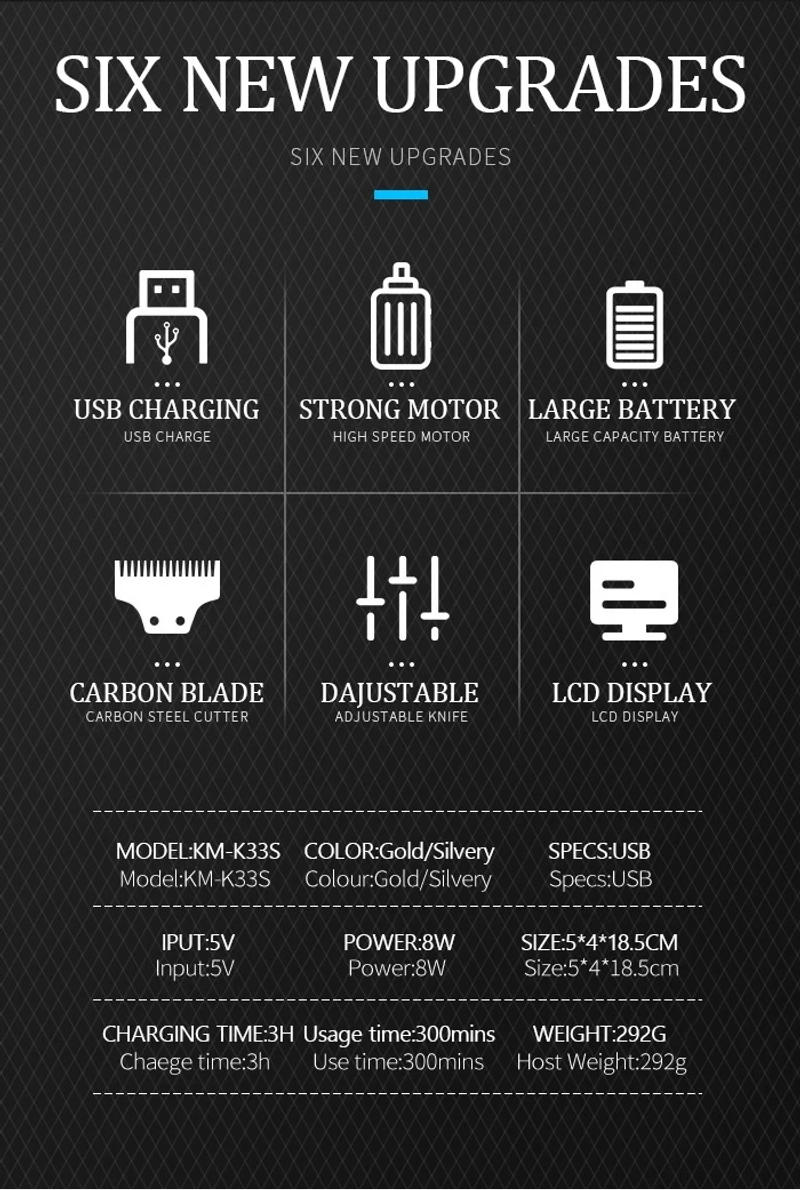 Description Picture 3 of itemKemei KM-K33s USB Charging Men'S Hair Clipper Metal Hair Trimmer Adjustable Head with Charging Base Hair Trimmer for Men
