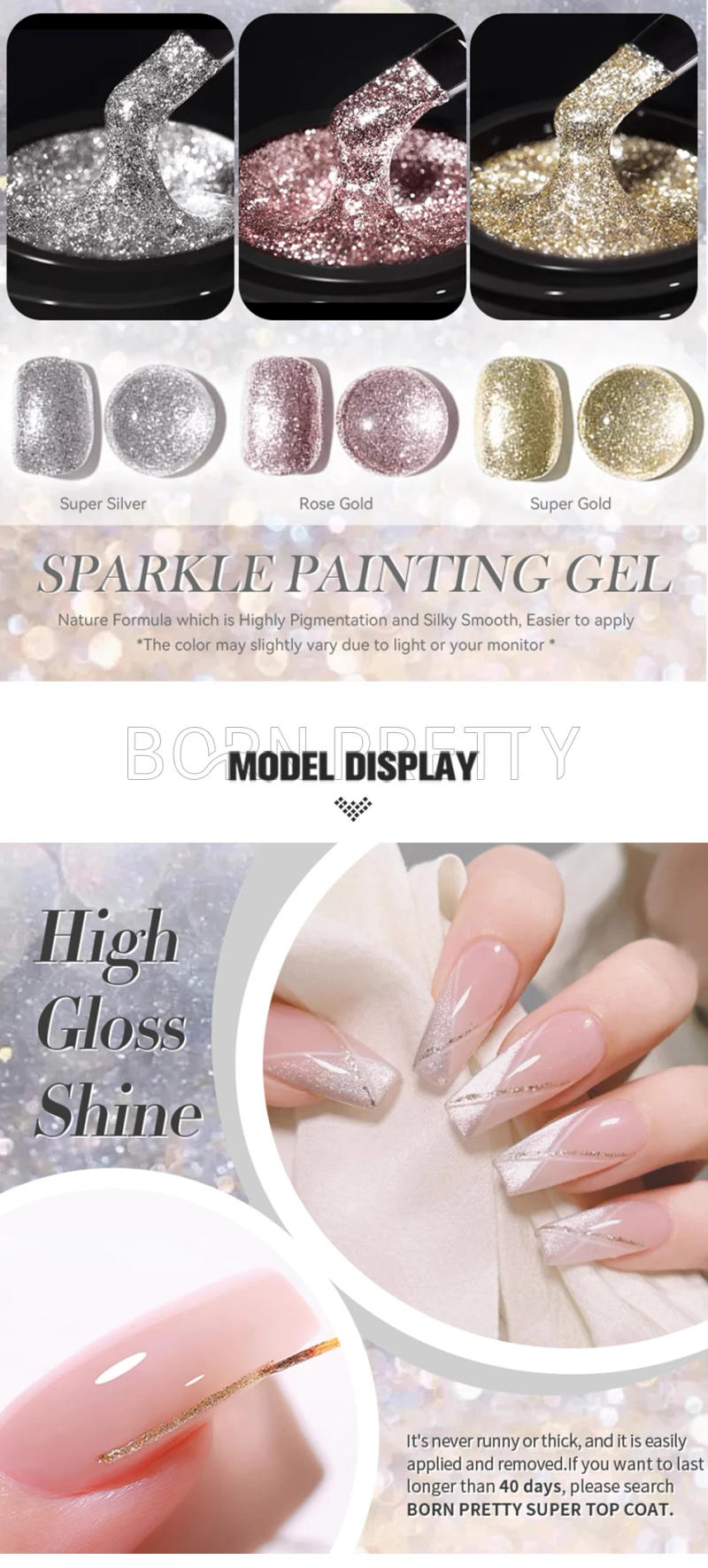 Description Picture 5 of itemBORN PRETTY Sparkle Painting Gel Nail Polish Super Gold Silver Glitter Metallic Liner Painting Chrome French Shine Nail Varnish