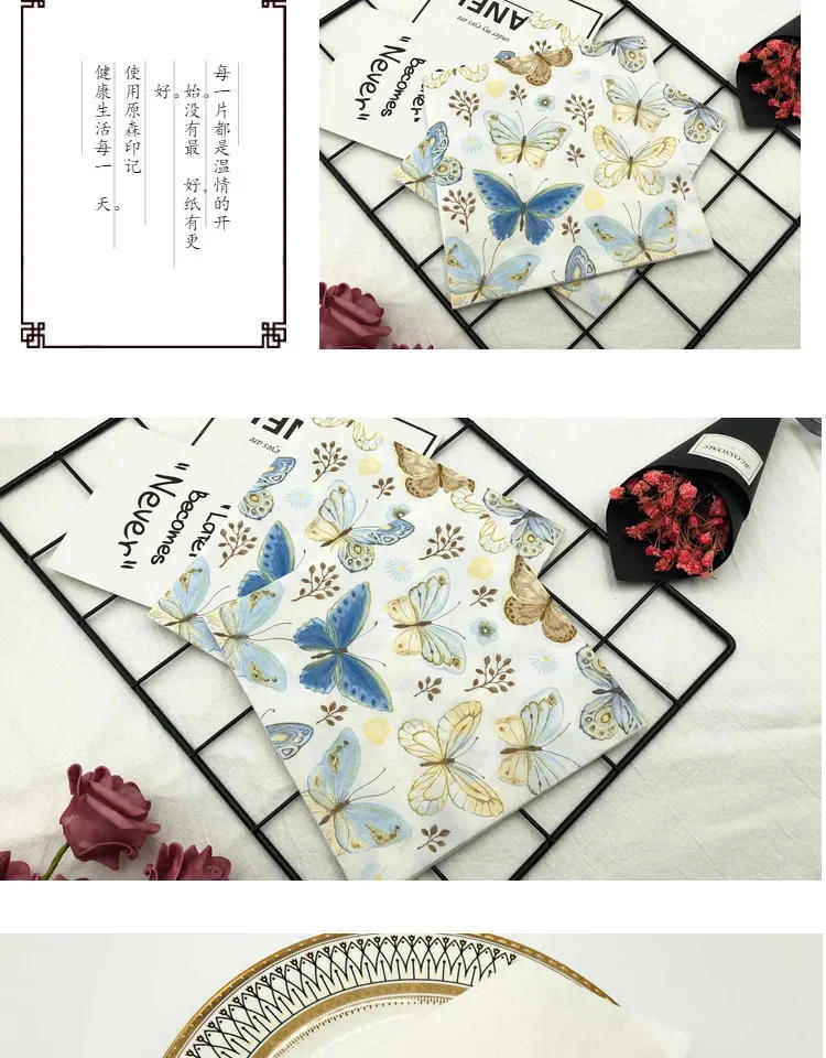 Description Picture 4 of itemDisposable Colorful Printed Napkins Butterfly Design Hotel Cafe Party Wedding Square Paper Napkin Placemats Food Grade Napkin