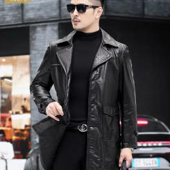 Luxury Men Business Work Slim Fit Oil Wax Cowhide Jacket Single Breasted Lapel Collar Genuine Leather Long Coat Windproof Trench