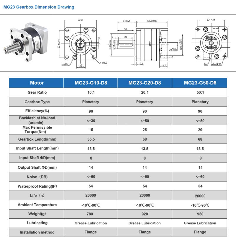 Description Picture 2 of itemSTEPPERONLINE Nema 23 Planetary Gearbox Motor Speed Reducer Ratio 10:1/20:1/50:1 8mm Input for Nema23 Stepper Motor
