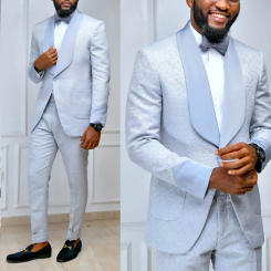 Light Blue Jacquard Men Suit Tailor-Made 2 Pieces Blazer Black Pants One Button Wedding Groom Business Causal Prom Tailored