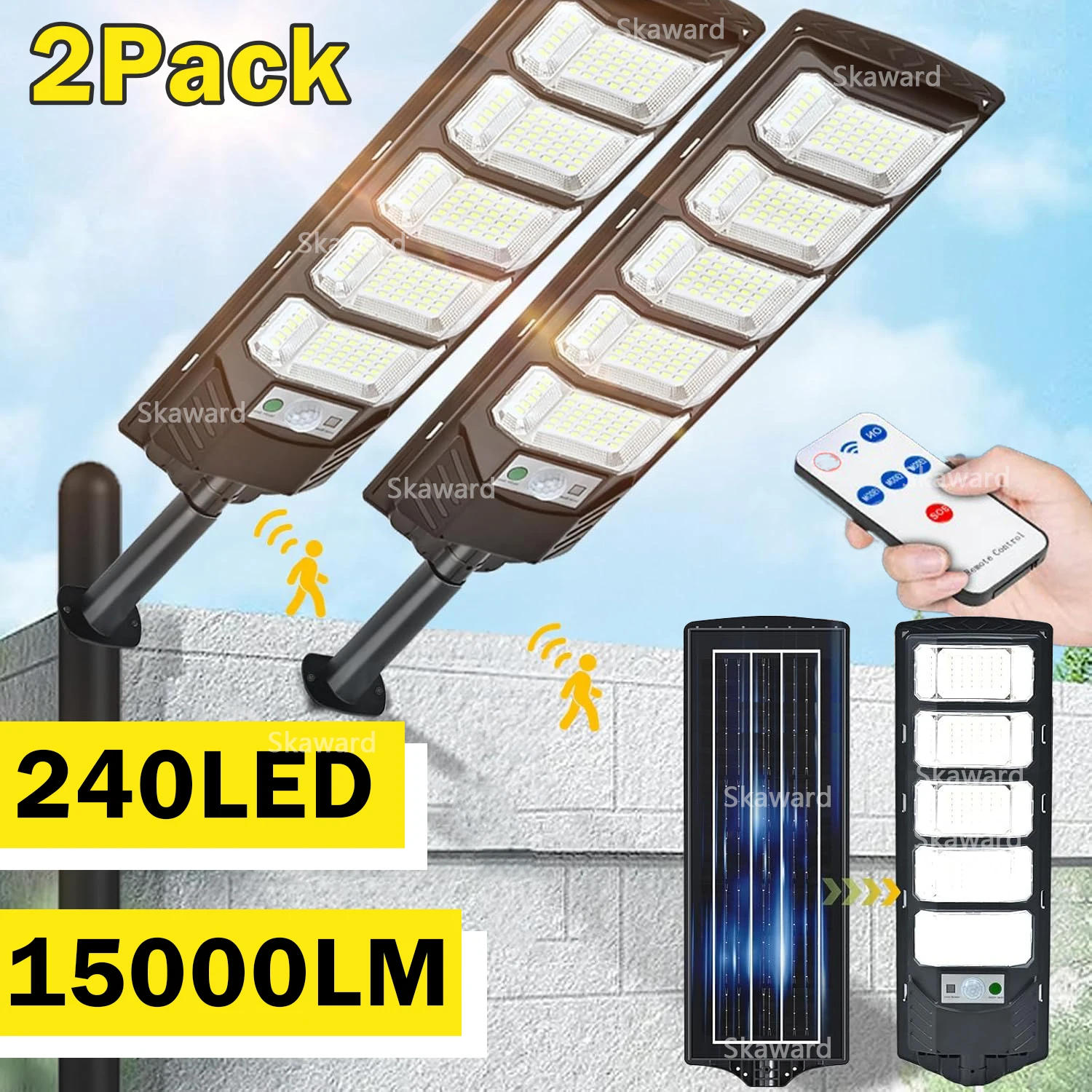 Description Picture 2 of item1~2Pack 250W Solar Street Light Outdoor Waterproof 15000LM LED Solar Flood Lamp Dusk to Dawn Solar Garage Light Motion Sensor