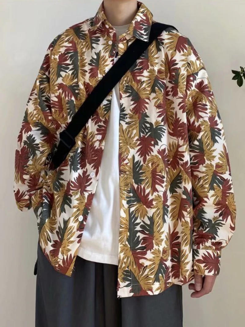 Description Picture 6 of itemShirts Men Fashion Single Breasted Chic Daily Floral Casual Loose Streetwear Korean Style Turn-down Collar Ins Students Cozy New