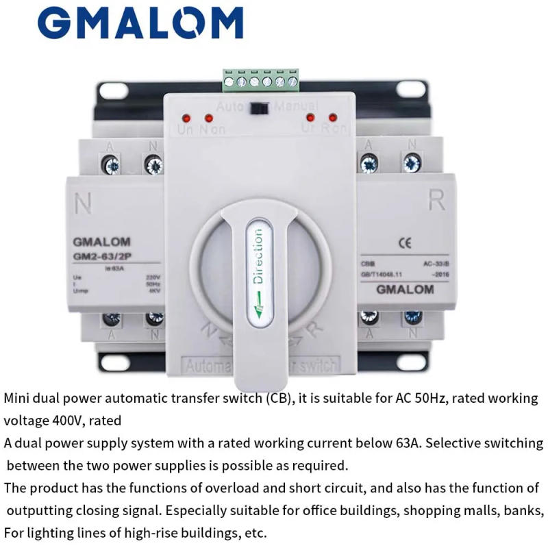 Description Picture 2 of itemDual power ATS (CB) 2P/4P 63A Dual Power Automatic Transfer Switch AC230V 50/60Hz MCB Auto/Manual Switching Circuit Breakers