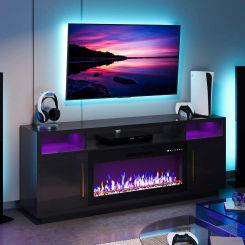 TV Stand LED Light Entertainment Center with Electric Fireplace Heater Storage Cabinet Media Console Table for Living Room