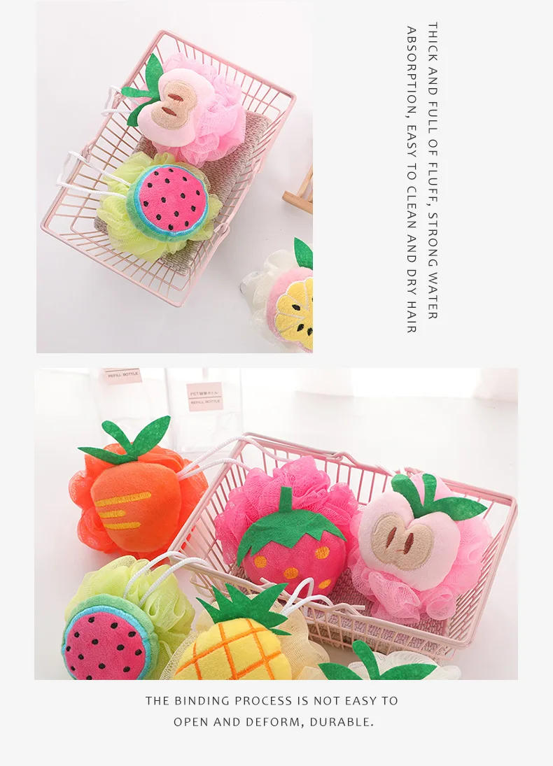 Description Picture 6 of itemCartoon Fruit Bath Ball Sponge for Body Shower Bath Balls Scrub Brush Cleaning Body Skin Care Exfoliants  Accessories Strawberry
