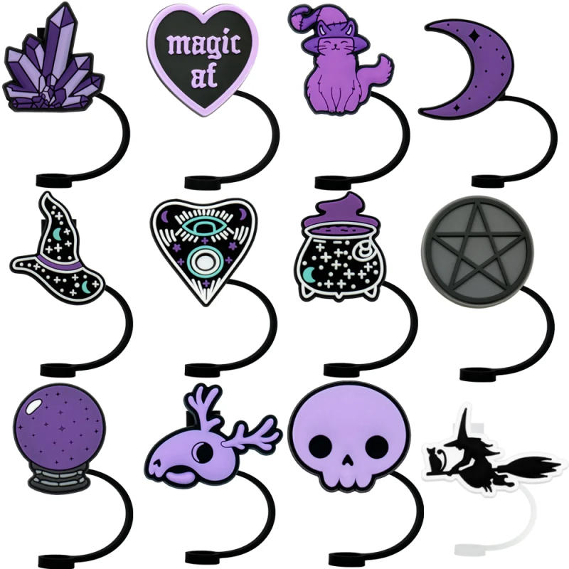 Description Picture 4 of item1-12PCS Silicone Magic Purple Straw Toppers for Cup,Witches Cat Moon Skull 10mm Straw Covers Cap Dustproof Drinkware Tips Party