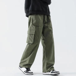 Men Cargo Pants Elastic Drawstring Cargo Pants with Pockets Straight Wide Leg Trousers for Streetwear