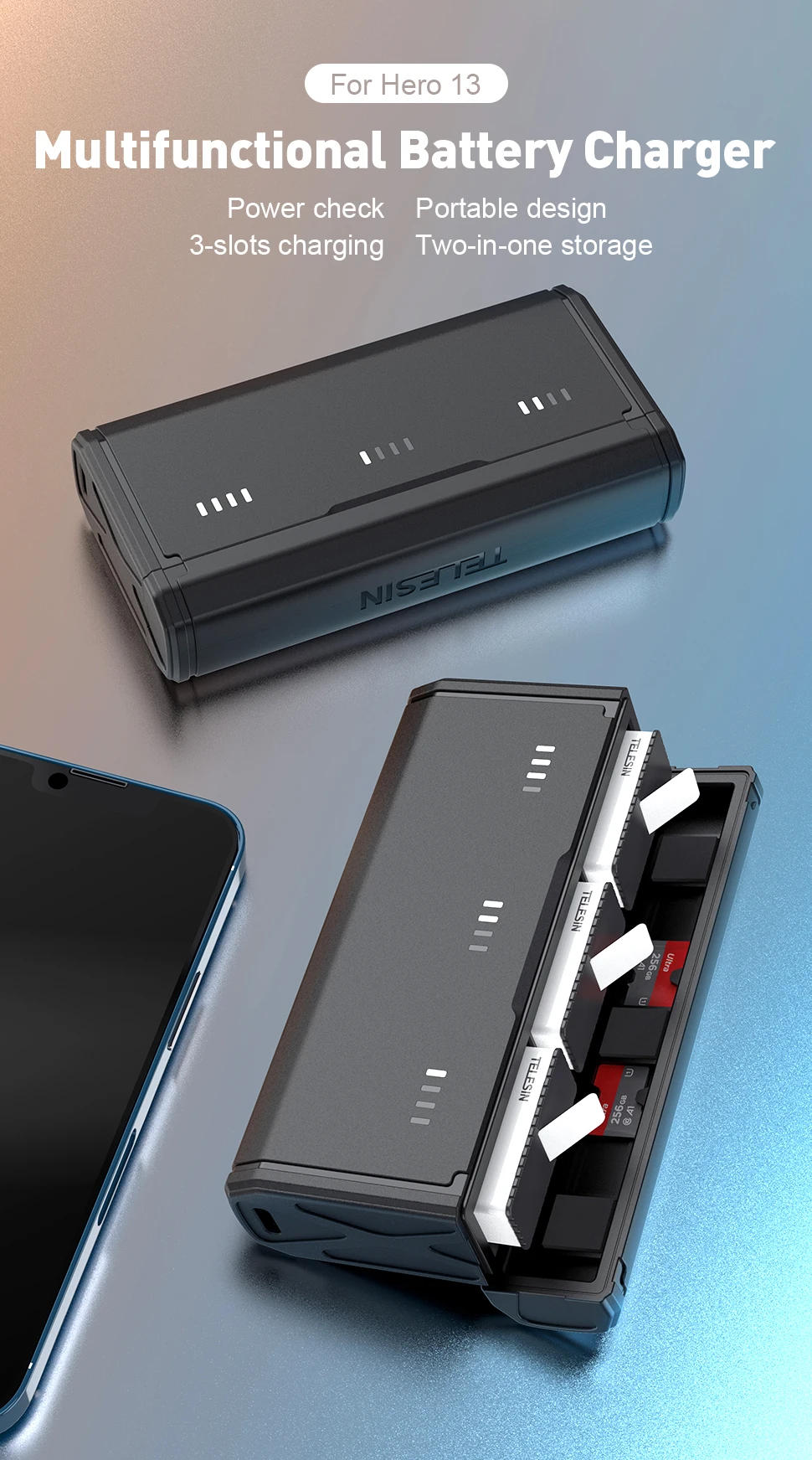 Description Picture 2 of itemTELESIN Portable Battery Charger for Gopro Hero 13 Accessories 3-Slots Storage Smart Charging Case Action Camera Accessories