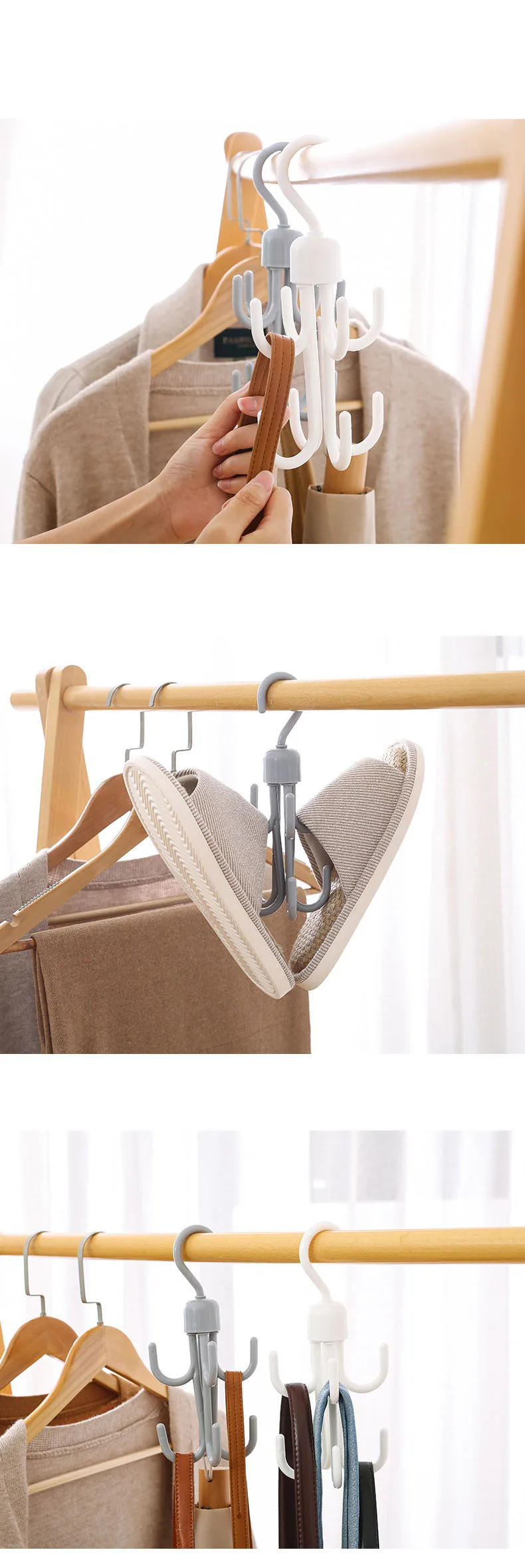 Description Picture 4 of itemCreative 360 Degree Rotating Eight-claw Hook Multifunctional Wardrobe Bag Scarf Storage Hook Nail-free Plastic Tie Hanger