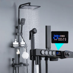 Black Display Thermostatic Shower Faucet Set Rainfall Bathtub Tap With Bathroom Shelf Water Flow Produces Electricity