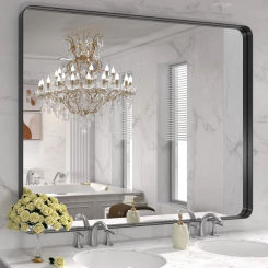 48x36 Inch Black Metal Framed Bathroom Mirror for Wall Matte Black Bathroom Vanity Mirror Farmhouse Large Rounded Rectangle