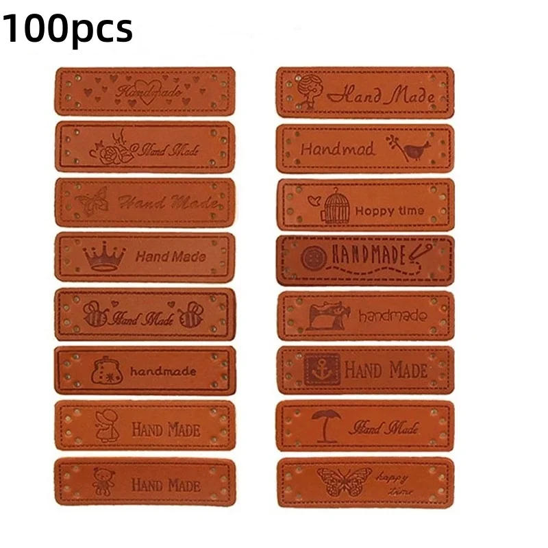 Description Picture 2 of item100Pcs Brown Handmade Garment Tags Labels PU Leather Labels For Jeans Bags Shoes Making Supplies 1.5*5cm