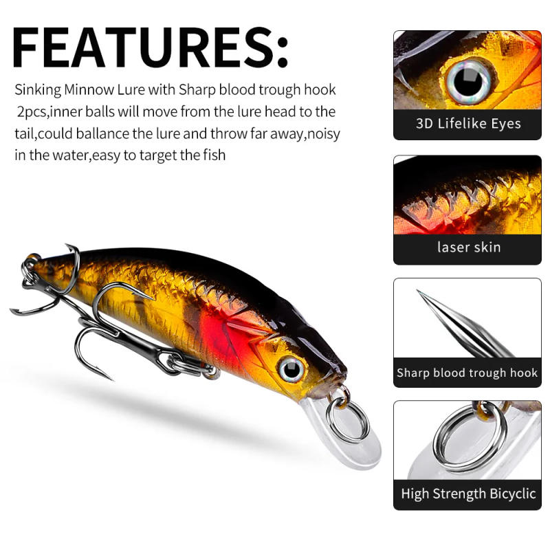 Description Picture 5 of item1Pcs Sinking Minnow Fishing Lure 6g 6cm Long Casting Wobbler Fishing Tackle Crankbait For Perch Pike Salmon Seabass Hard Bait