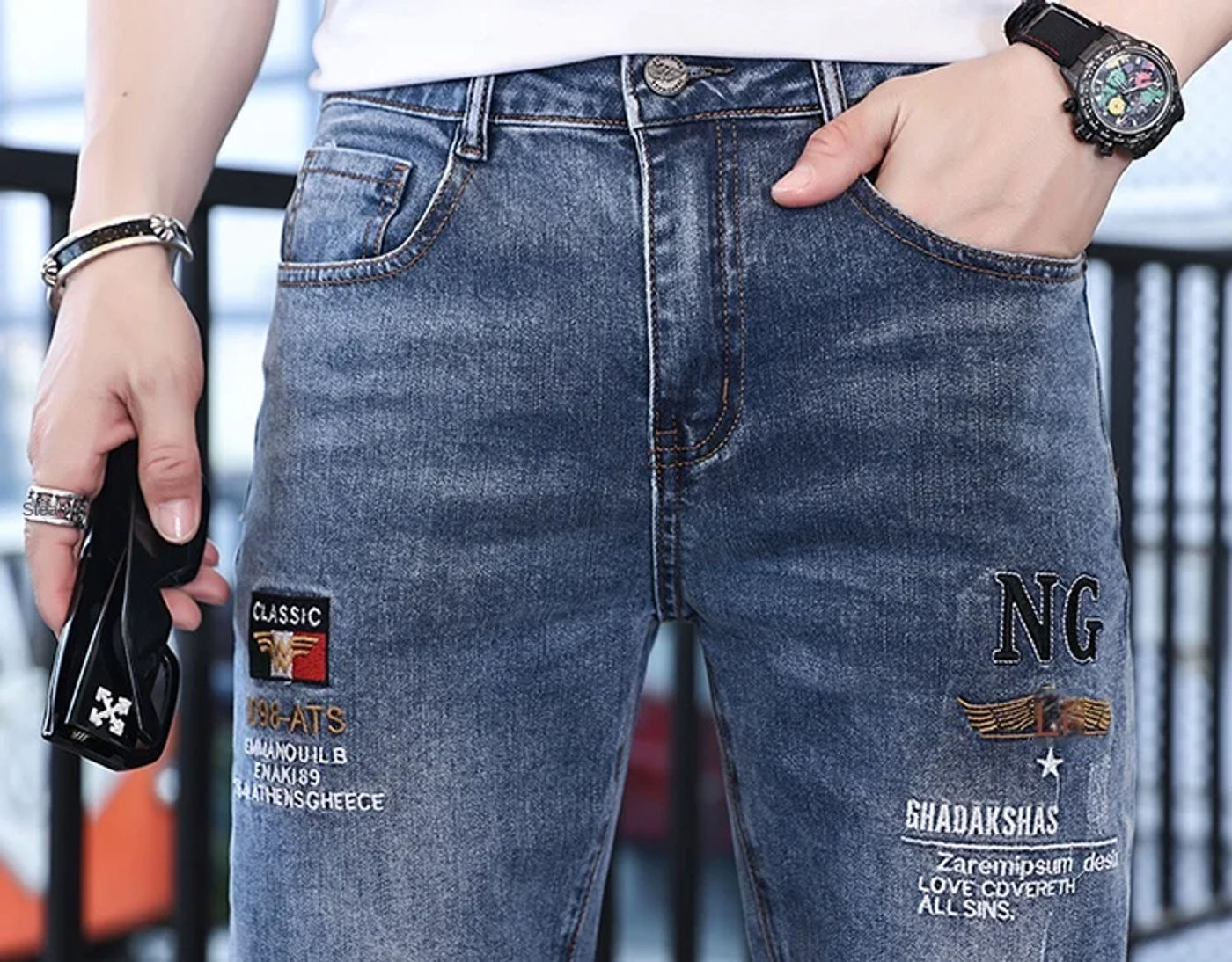Description Picture 6 of item2024 new street shooting embroidered jeans tide summer men's pants trendy tight elastic small leg pants casual pants