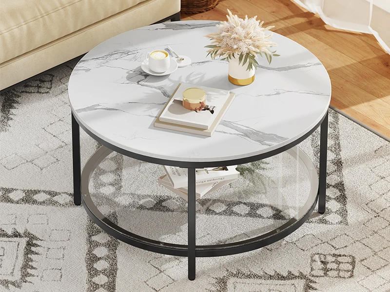 Description Picture 4 of itemMarble Round Coffee Table with Glass for Living Room,2-Tier Circle Coffee Table with Storage,Simple Modern Center Cocktail Table