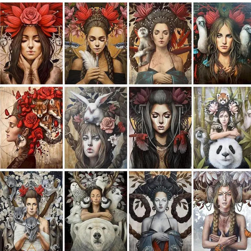 Description Picture 2 of itemGATYZTORY Classical Painting By Numbers Woman And Flowers Animals Gift Handicrafts Wall Art Picture Drawing Fantasy Frame Paint