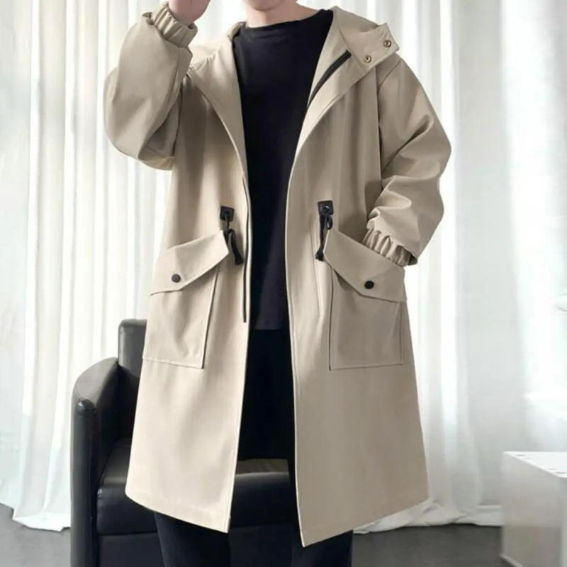 Description Picture 6 of itemMen Trench Hooded Loose Mid Length Big Pockets Coat Long Sleeve Windproof Solid Color Zipper Closure Coat Streetwear