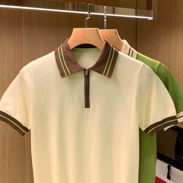 2024 New Men's Casual Patchwork Knit Polo Shirts Top Turn-Down Collar Blouse Short Sleeve Contrast Color Blouse Men Clothing W16