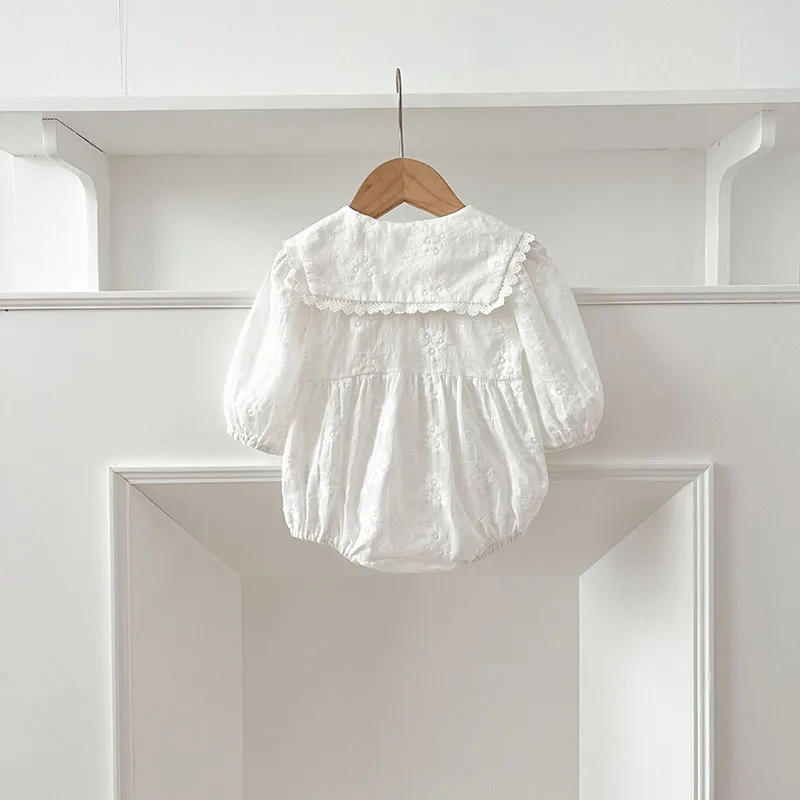 Description Picture 4 of itemSpring Autumn Baby Clothes Toddler Peter Pan Collar One Piece Korean Infant Girls Floral Embroidered Solid Color Bodysuit