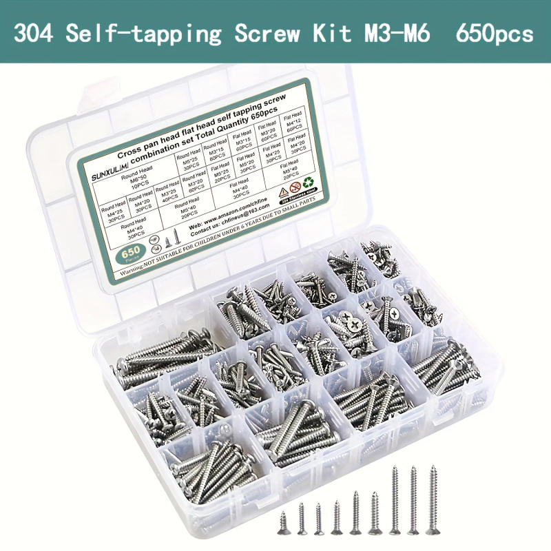 Description Picture 3 of itemSelf Tapping Screws Assortment Fasteners Set, 650pcs 304 Stainless Steel M3/M4/M5/M6 Sheet Metal Screws Kit