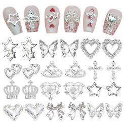 105pcs Stars Nail Charms 3D Love Butterfly Cross Crystal Rhinestones Nail Art Decorations Saturn Planet Heart Nails Accessories
