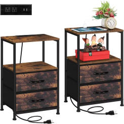 Bedside Table Set of 2 End Table Nightstand with Charging Station & Fabric Drawer Heavy Duty