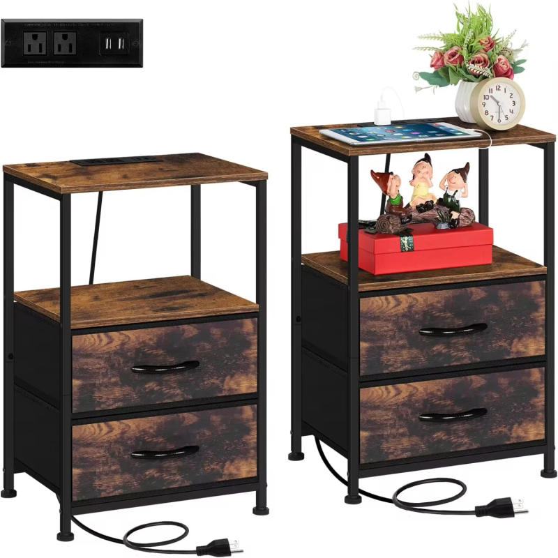 Description Picture 2 of itemBedside Table Set of 2 End Table Nightstand with Charging Station & Fabric Drawer Heavy Duty