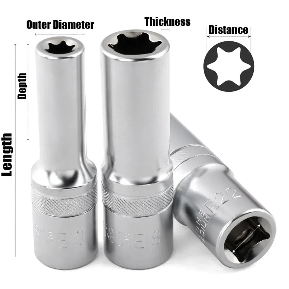 Description Picture 6 of item1/2" 3/8" 1/4" Drive E4-E24 Repair Tool Socket Wrench Head Sleeve 9/10/14/17Pcs E Bit Sockets Set Hand Tool Kit Torx Star Female