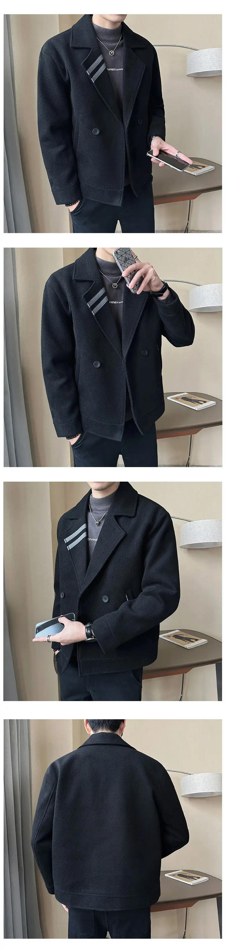 Description Picture 4 of itemTop Quality Men's Fall Winter Short Woolen Coat Double-breasted Men's Solid Color Padded Padded Warm Woolen Jacket Men's Coats