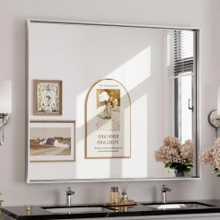 42” x 36” Large Silver Bathroom Mirrors ，Metal Frame Square Corner Framed Mirror(Horizontal/Vertical)