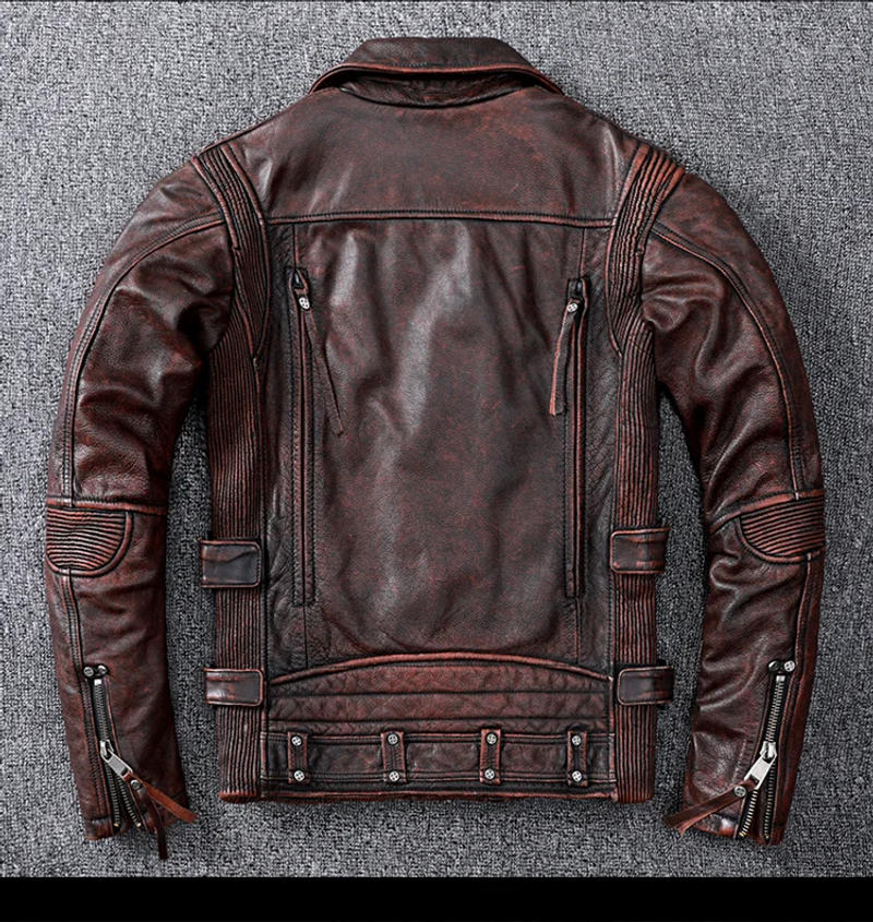 Description Picture 6 of itemVintage Brown Motorcycle Leather Jacket Men Natural Genuine Cowhide Jackets Autumn Slim Fit Biker's Ooblique Zipper Coat
