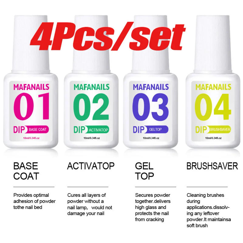 Description Picture 3 of item1/4Pcs Professional Coat/Top Coat/Activator/Brush Dipping Powder Nail Kit 10ml*4jar Natural Dry For Nail Powder Without Lamp