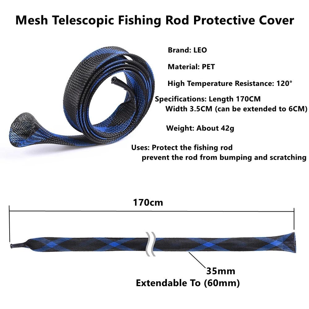 Description Picture 3 of item170cm 35mm Fishing Rod Socks Sleeve Cover Braided Mesh Reusable Rods Pole Telescopic Protector Bag Fishing Tools Accessories