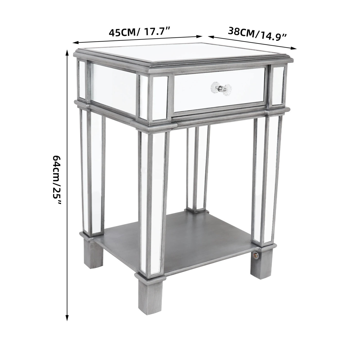 Description Picture 6 of itemHeavy Duty Mirrored Nightstands Modern Bedside Table 1 Drawer Glass Side End Table Silver Dresser for Bedroom
