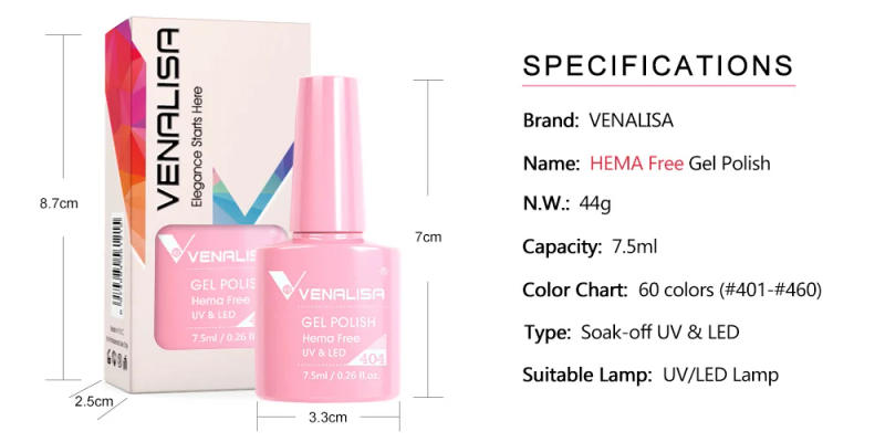 Description Picture 6 of itemVenalisa 7.5ml Nail Gel Polish 60 Colors Hema Free Milky White Jelly Color Soak Off UV LED Varnish Full Coverage CANNI Manicure