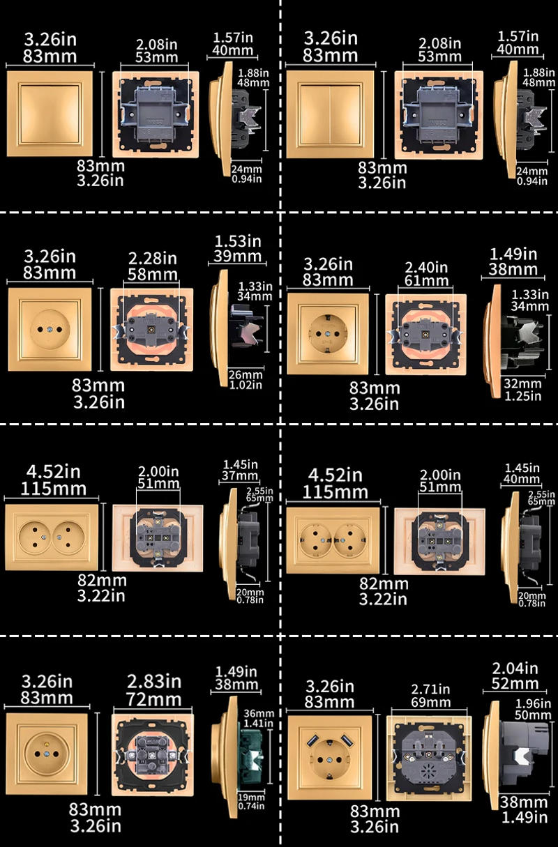 Description Picture 2 of itemWESA Gold Power Socket European Standard Wall Socket Electrical Outlett Not Ground Embed Plugs Flame Retardant Plastic Panel