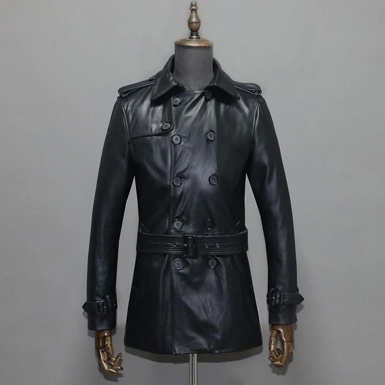 Description Picture 4 of itemSpring Autumn Fall Men's Trench Genuine Leather Cowhide Jacket & Coat for Male Double Breasted Middle Length Black Oversize XXXL