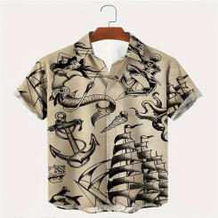 Men 3D Boat with Boat Anchor Element Printed Button Down Shirt Men Casual Comfortable Breathable Button Down Shirt Fashion Shirt