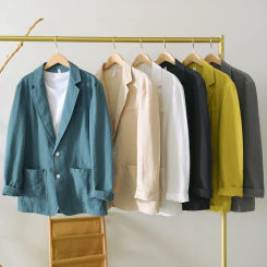Korean Fashion Men Blazer Commute Summer Cotton Linen Jacket Solid Loose Suit Jacket with Pocket Youth Breathable Male Suit