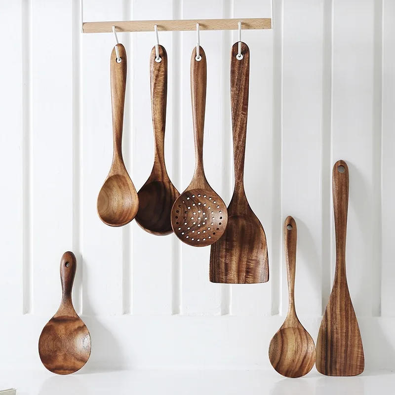 Description Picture 6 of itemThailand Teak Natural Wood Tableware Spoon Ladle Turner Long Rice Colander Soup Skimmer Cooking Spoons Scoop Kitchen Tool Set