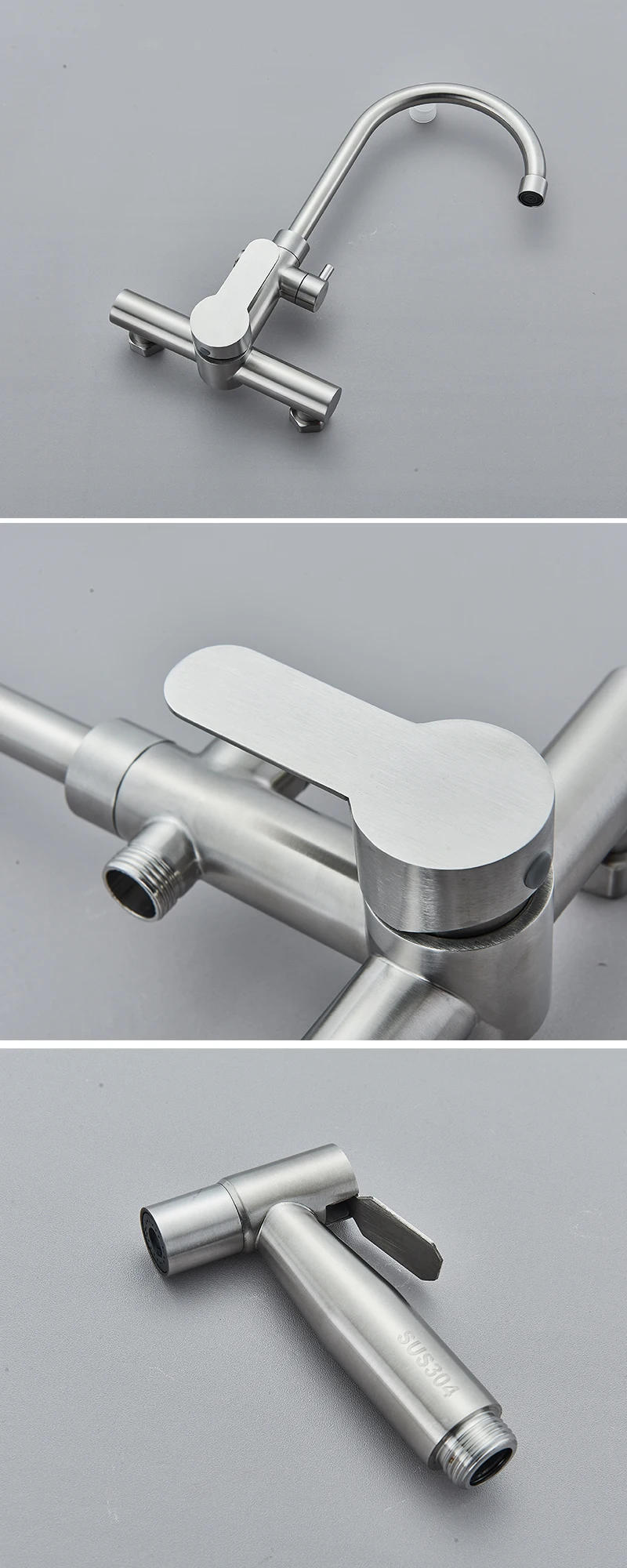 Description Picture 6 of itemBrushed Nickel 304 stainless steel Kitchen Sink Faucet With Spray Gun Bidet Sink Crane Tap Long Spout Mixer Taps Wall Mounted