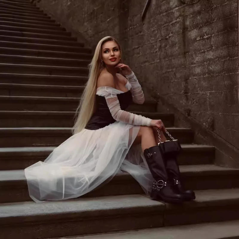 Description Picture 3 of item2023 Winter New White Mesh PU Splicing Skirt Long Sleeve Women's Puff Skirt French Luxury Skirt with Skirt