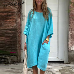 Simple Casual Solid Cotton Linen Dresses Woman 2025 Spring Loose Pocket A-Line Midi Dress New Fashion Streetwear Pullover Dress