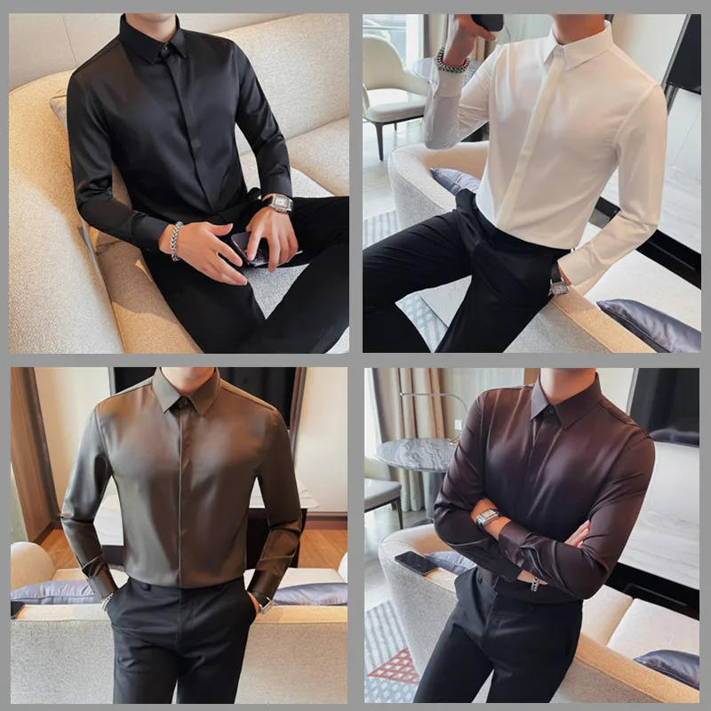Description Picture 5 of itemHigh Quality Solid Color Shirt for Men Long Seeve Casual Business Formal Dress Shirts Slim Fit Social Party Tuxedo Blouse 2023